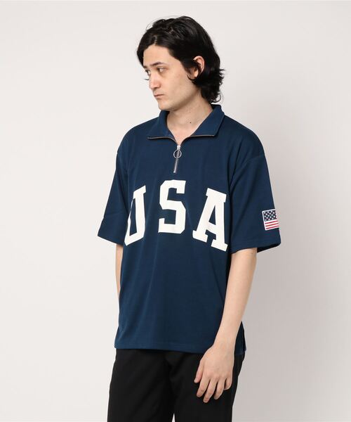 STYLEBLOCK(スタイルブロック)の「星条旗USAロゴプリントビッグシルエットハーフジップアップ半袖Tシャツ(Tシャツ/カットソー・メンズ・レッド/ブラック/ネイビー/オフホワイト・L/M)」の10枚目の写真