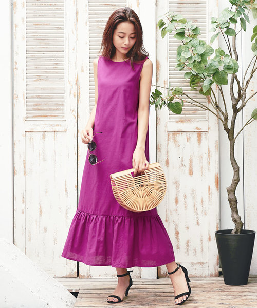 KOBE LETTUCE(コウベレタス)の「コットンリネンティアード裾フレアマキシ丈ワンピース(ワンピース・レディース・パープル/モカ/ネイビー/ブラウン/マスタード・FREE)」の4枚目の写真