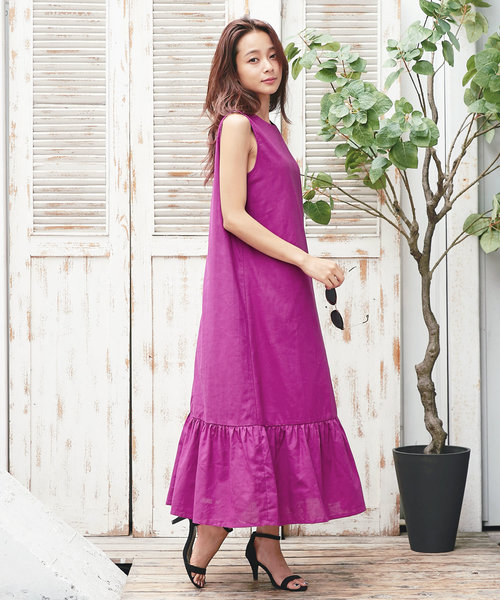 KOBE LETTUCE(コウベレタス)の「コットンリネンティアード裾フレアマキシ丈ワンピース(ワンピース・レディース・パープル/モカ/ネイビー/ブラウン/マスタード・FREE)」の10枚目の写真