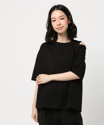 アシンメトリー肩スリット5分袖Tシャツ