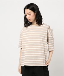 アシンメトリー肩スリット5分袖Tシャツ