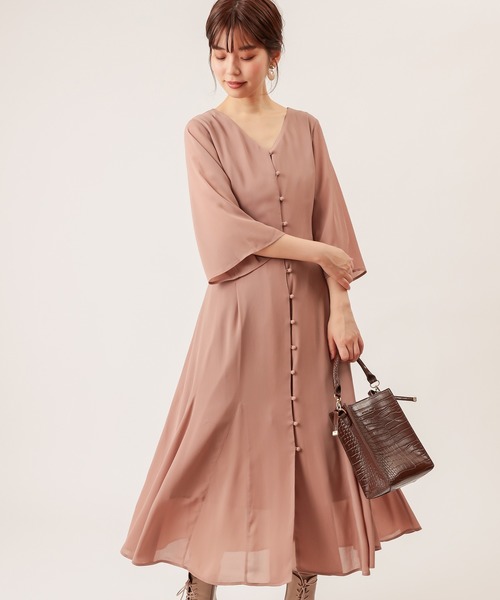 natural couture(ナチュラルクチュール)の「【WEB限定カラー有り】前後2WAYちび釦フレア袖ワンピース(ワンピース)」|ピンクベージュ