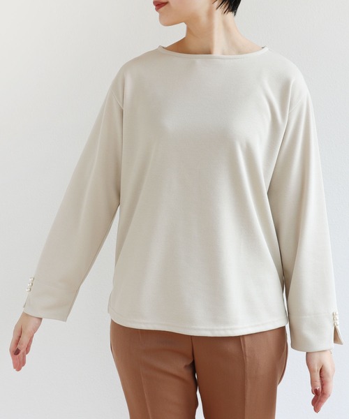 andme(アンドミー)の「ポンチ長袖パールボタン付きTシャツカットソー(Tシャツ/カットソー・レディース・ブラック/ブラウン/オフホワイト/ライトベージュ/ラベンダー/ピンク・M/L)」の13枚目の写真