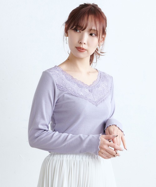 one after another NICE CLAUP(ワンアフターアナザーナイスクラップ)の「切替レース長袖インナー(Tシャツ/カットソー・レディース・ホワイト/ベージュ/ブラウン/ラベンダー・FREE)」の5枚目の写真