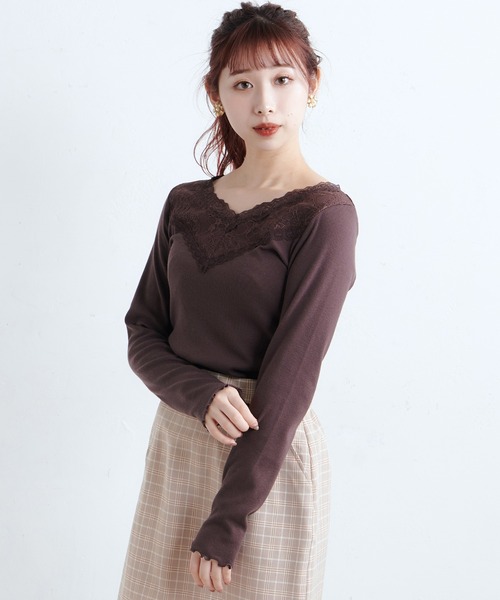 one after another NICE CLAUP(ワンアフターアナザーナイスクラップ)の「切替レース長袖インナー(Tシャツ/カットソー・レディース・ホワイト/ベージュ/ブラウン/ラベンダー・FREE)」の18枚目の写真