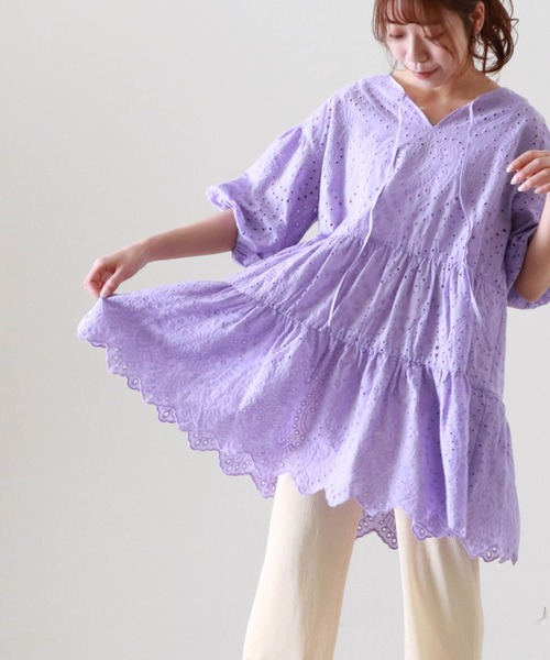 Cheek（チーク）の「コットンレースティアードチュニック（チュニック・レディース・オフホワイト/チャコールグレー/パープル・FREE）」の3枚目の写真