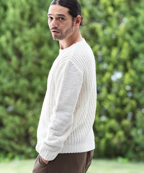 CAMBIO（カンビオ）の「mn2402-畦編×天竺編3GGモールCNニット（ニット/セーター・メンズ・ブラック/オフホワイト・LL/M/L）」の4枚目の写真