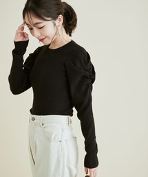 VIS | すっきりシルエット。袖シャーリングボリュームスリーブリブプルオーバー(ニット/セーター)