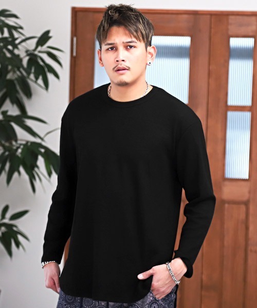 LUXSTYLE(ラグスタイル)の「ワッフルクルーネックロンT(Tシャツ/カットソー・メンズ・ブラック/杢グレー/ホワイト・M/L)」の2枚目の写真