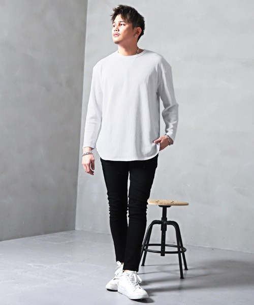 LUXSTYLE(ラグスタイル)の「ワッフルクルーネックロンT(Tシャツ/カットソー・メンズ・ブラック/杢グレー/ホワイト・M/L)」の6枚目の写真
