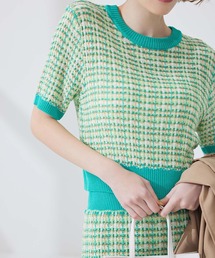 チェック編み五分袖プルオーバー