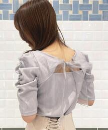BACKリボンスクエアネックリブトップス
