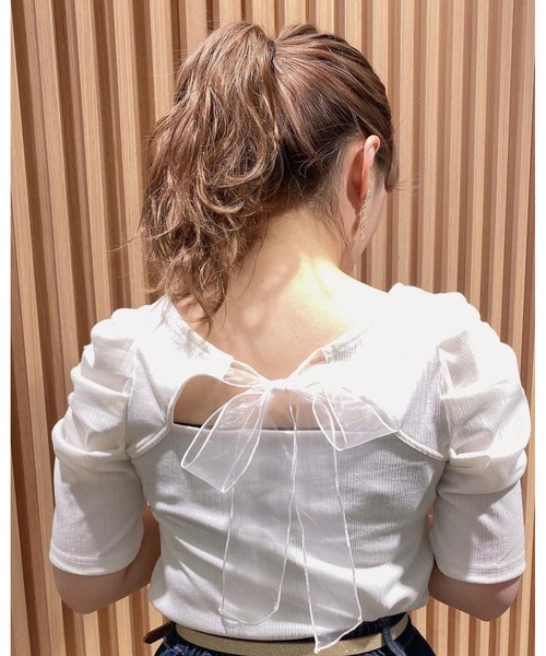 INGNI(イング)の「BACKリボンスクエアネックリブトップス(Tシャツ/カットソー・レディース・ブラック/オフホワイト/グレー系その他・M)」の14枚目の写真