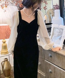 Pittok（ピットク）の「シフォンスリーブ切替ベロアワンピース（ワンピース）」