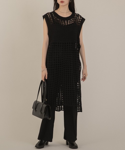 メッシュ編みニットロングワンピース（ワンピース）｜Jeudi
