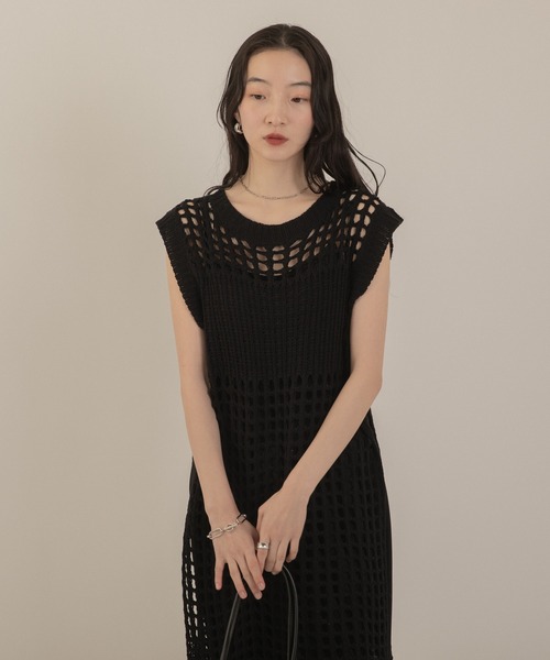メッシュ編みニットロングワンピース（ワンピース）｜Jeudi