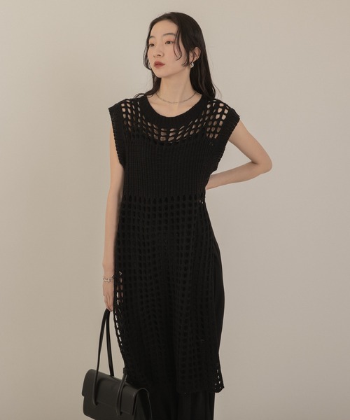 メッシュ編みニットロングワンピース（ワンピース）｜Jeudi