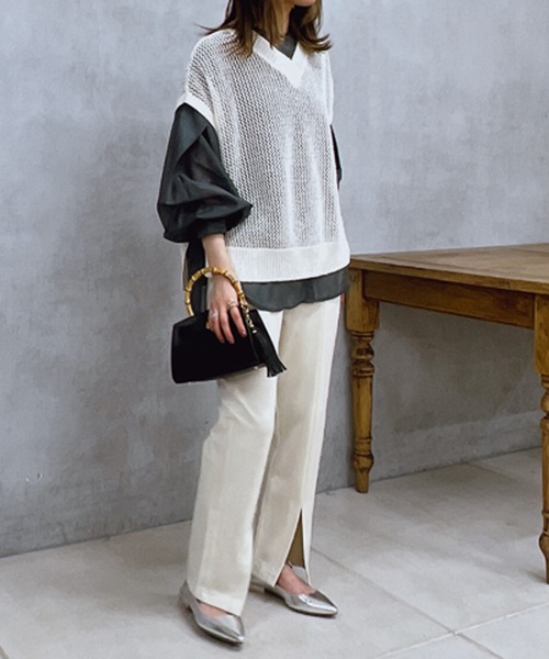 un dix cors(アンディコール)の「ギマ片畦ベスト(ベスト・レディース・モカ/アイボリー/ブラック・FREE)」の8枚目の写真