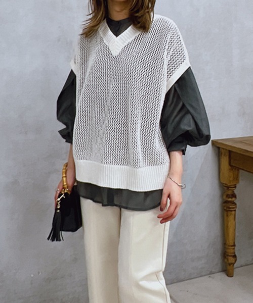 un dix cors(アンディコール)の「ギマ片畦ベスト(ベスト・レディース・モカ/アイボリー/ブラック・FREE)」の7枚目の写真