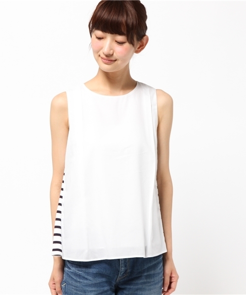 SHIPS for women（シップスフォーウィメン）の「★★サイドボーダーコンビノースリーブブラウス（シャツ/ブラウス・レディース・ライトホワイト/クリーム/ネイビー・36/38）」の8枚目の写真