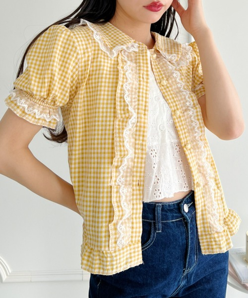 Loueme（ルエム）の「ギンガムチェックハートボタンフリルブラウス（シャツ/ブラウス・レディース・イエロー/レッド/ピンク/ライトブルー・FREE）」の2枚目の写真