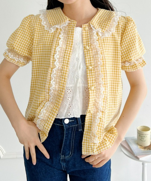 Loueme（ルエム）の「ギンガムチェックハートボタンフリルブラウス（シャツ/ブラウス・レディース・イエロー/レッド/ピンク/ライトブルー・FREE）」の18枚目の写真