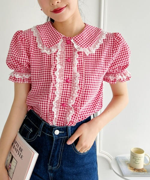 Loueme（ルエム）の「ギンガムチェックハートボタンフリルブラウス（シャツ/ブラウス・レディース・イエロー/レッド/ピンク/ライトブルー・FREE）」の5枚目の写真