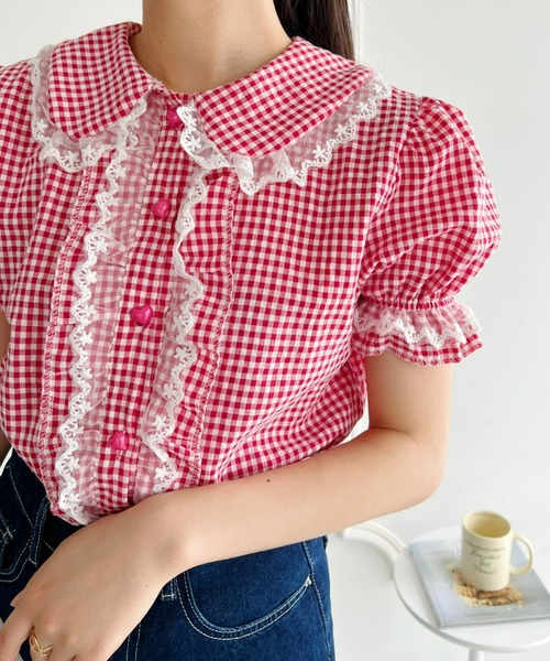 Loueme（ルエム）の「ギンガムチェックハートボタンフリルブラウス（シャツ/ブラウス・レディース・イエロー/レッド/ピンク/ライトブルー・FREE）」の6枚目の写真