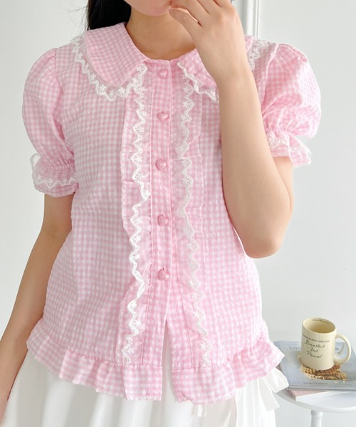 Loueme（ルエム）の「ギンガムチェックハートボタンフリルブラウス（シャツ/ブラウス・レディース・イエロー/レッド/ピンク/ライトブルー・FREE）」の21枚目の写真
