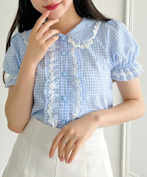 Loueme（ルエム）の「ギンガムチェックハートボタンフリルブラウス（シャツ/ブラウス・レディース・イエロー/レッド/ピンク/ライトブルー・FREE）」の11枚目の写真