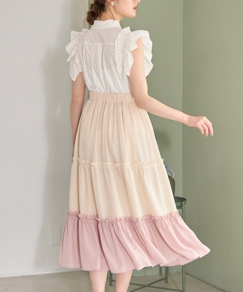 tocco closet(トッコ クローゼット)の「バイカラープチフリルティアードフレアスカート(スカート・レディース・グレイッシュブルー/ピンク系その他・M)」の7枚目の写真