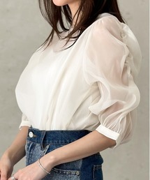 Per sist ence/パーシエンス オーガンジーシアーギャザーパフスリーブブラウス