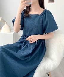 ふくれジャガードパフスリーブスクエアワンピース