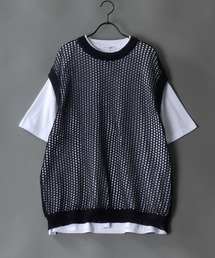 oversize sheer mesh Knit Layered T-shirt/オーバーサイズ シアー メッシュ ニット レイヤード Tシャツ