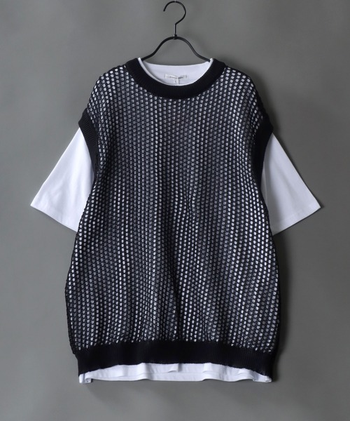 SITRY(シトリー)の「oversize sheer mesh Knit Layered T-shirt/オーバーサイズ シアー メッシュ ニット レイヤード Tシャツ(ベスト・メンズ・ホワイト/ブラック・M/L)」の2枚目の写真