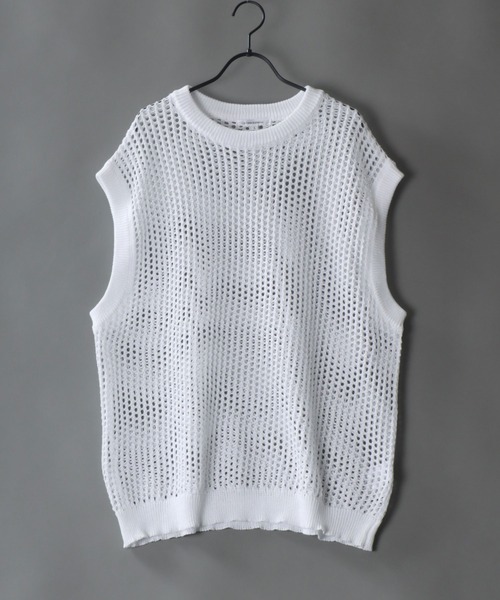 SITRY(シトリー)の「oversize sheer mesh Knit Layered T-shirt/オーバーサイズ シアー メッシュ ニット レイヤード Tシャツ(ベスト・メンズ・ホワイト/ブラック・M/L)」の9枚目の写真