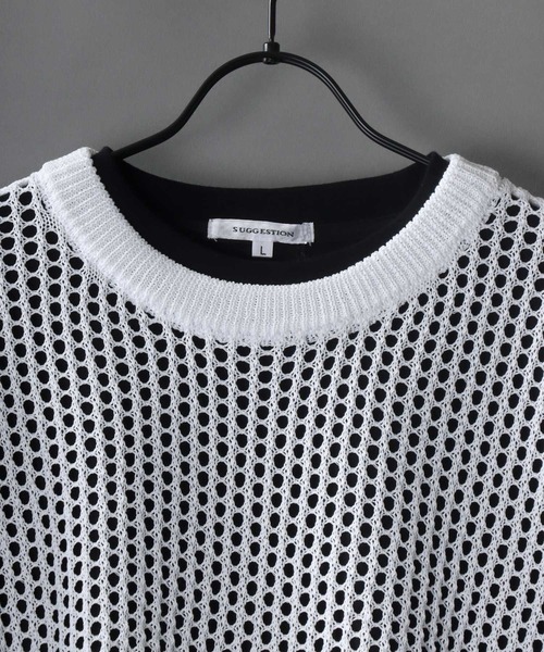 SITRY(シトリー)の「oversize sheer mesh Knit Layered T-shirt/オーバーサイズ シアー メッシュ ニット レイヤード Tシャツ(ベスト・メンズ・ホワイト/ブラック・M/L)」の11枚目の写真