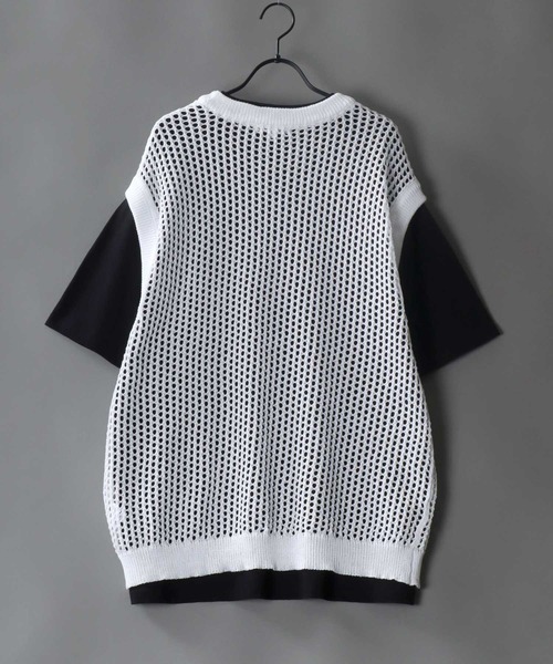 SITRY(シトリー)の「oversize sheer mesh Knit Layered T-shirt/オーバーサイズ シアー メッシュ ニット レイヤード Tシャツ(ベスト・メンズ・ホワイト/ブラック・M/L)」の10枚目の写真