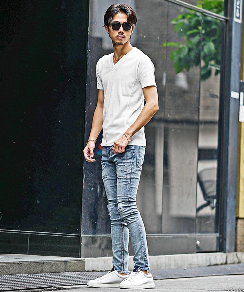 JOKER(ジョーカー)の「【JOKER】ランダムテレコVネック半袖Tシャツ メンズ タイトシルエット 無地 カットソー ホワイト 春服(Tシャツ/カットソー・メンズ・杢グレー/グレー/ブラック/ホワイト/ブルー/スミクロ/グリーン・S/XL/L/M)」の14枚目の写真