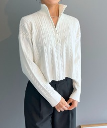 ナローケーブルハーフジップニットトップス