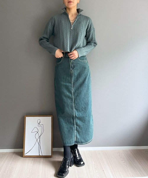 Jewelobe(ジュエローブ)の「ナローケーブルハーフジップニットトップス(ニット/セーター・レディース・グリーン/ホワイト/ブラック・FREE)」の10枚目の写真