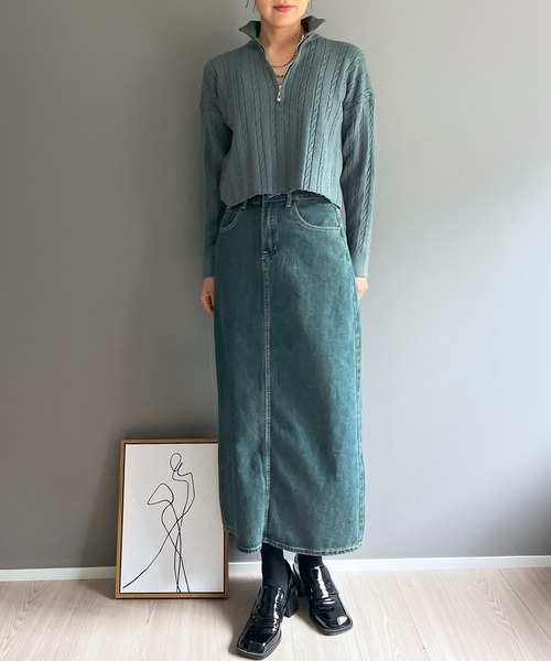 Jewelobe(ジュエローブ)の「ナローケーブルハーフジップニットトップス(ニット/セーター・レディース・グリーン/ホワイト/ブラック・FREE)」の11枚目の写真