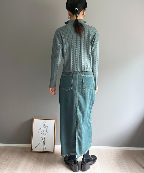 Jewelobe(ジュエローブ)の「ナローケーブルハーフジップニットトップス(ニット/セーター・レディース・グリーン/ホワイト/ブラック・FREE)」の12枚目の写真