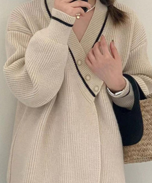 Burner（バーナー）の「【OKUOKU　0909】カーディガン / Vネック / デザイン oku-tops-721630861665-46（カーディガン/ボレロ・レディース・ブラック/ライトベージュ・FREE）」の3枚目の写真