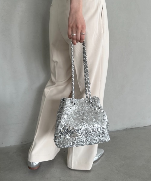 スパンコールバッグ　ショルダー　シルバー セール】sequins chain shoulder bag／スパンコール巾着ショルダーBAG