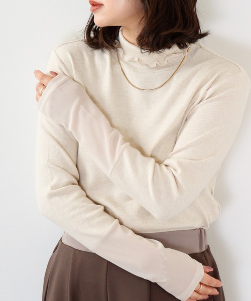 Anna Nicola(アンナニコラ)の「Anna Nicola 袖シアーテレコトップス(Tシャツ/カットソー・レディース・グリーン/アイボリー/ブラック・38)」の2枚目の写真