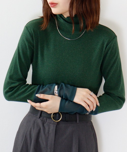 Anna Nicola(アンナニコラ)の「Anna Nicola 袖シアーテレコトップス(Tシャツ/カットソー・レディース・グリーン/アイボリー/ブラック・38)」の13枚目の写真