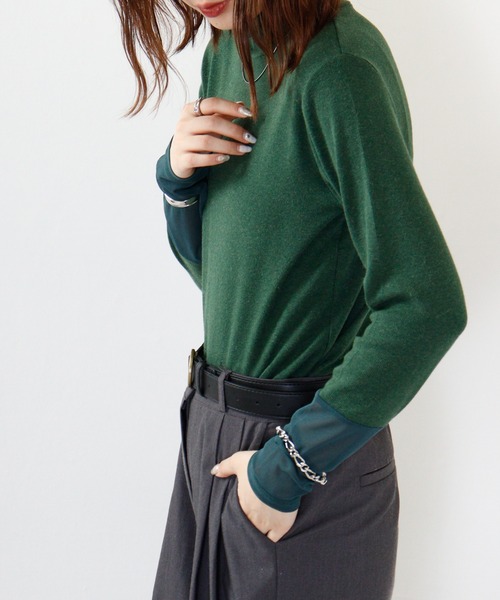 Anna Nicola(アンナニコラ)の「Anna Nicola 袖シアーテレコトップス(Tシャツ/カットソー・レディース・グリーン/アイボリー/ブラック・38)」の14枚目の写真