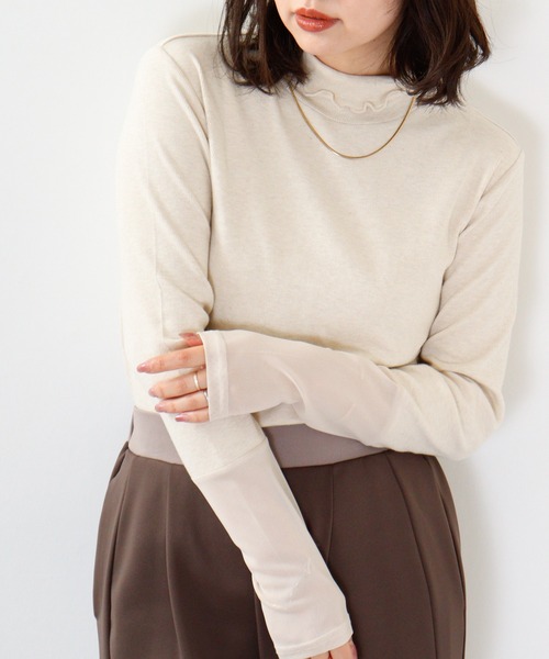Anna Nicola(アンナニコラ)の「Anna Nicola 袖シアーテレコトップス(Tシャツ/カットソー・レディース・グリーン/アイボリー/ブラック・38)」の4枚目の写真