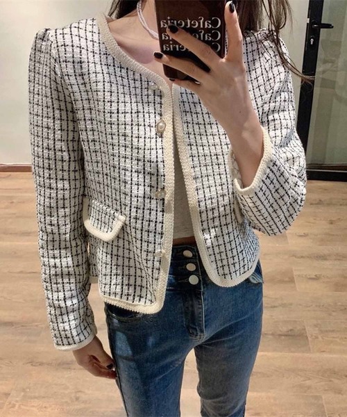 NANEA(ナネア)の「ノーカラーツイードジャケット(ノーカラージャケット・レディース・ホワイト/ブラック・SMALL/LARGE/MEDIUM)」の8枚目の写真